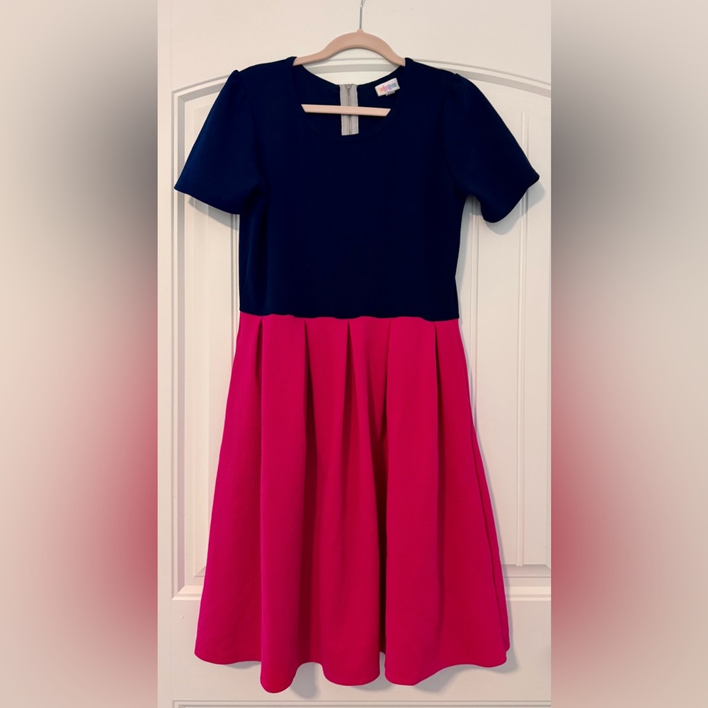 LuLaRoe Pleated A-Line Midi Dress Blue and Pink Casual - Picture 1 of 4